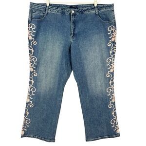 Denim 24/7 Women's Embroidered Stretch Blue Denim Jeans Plus Size 30W Wide Leg
